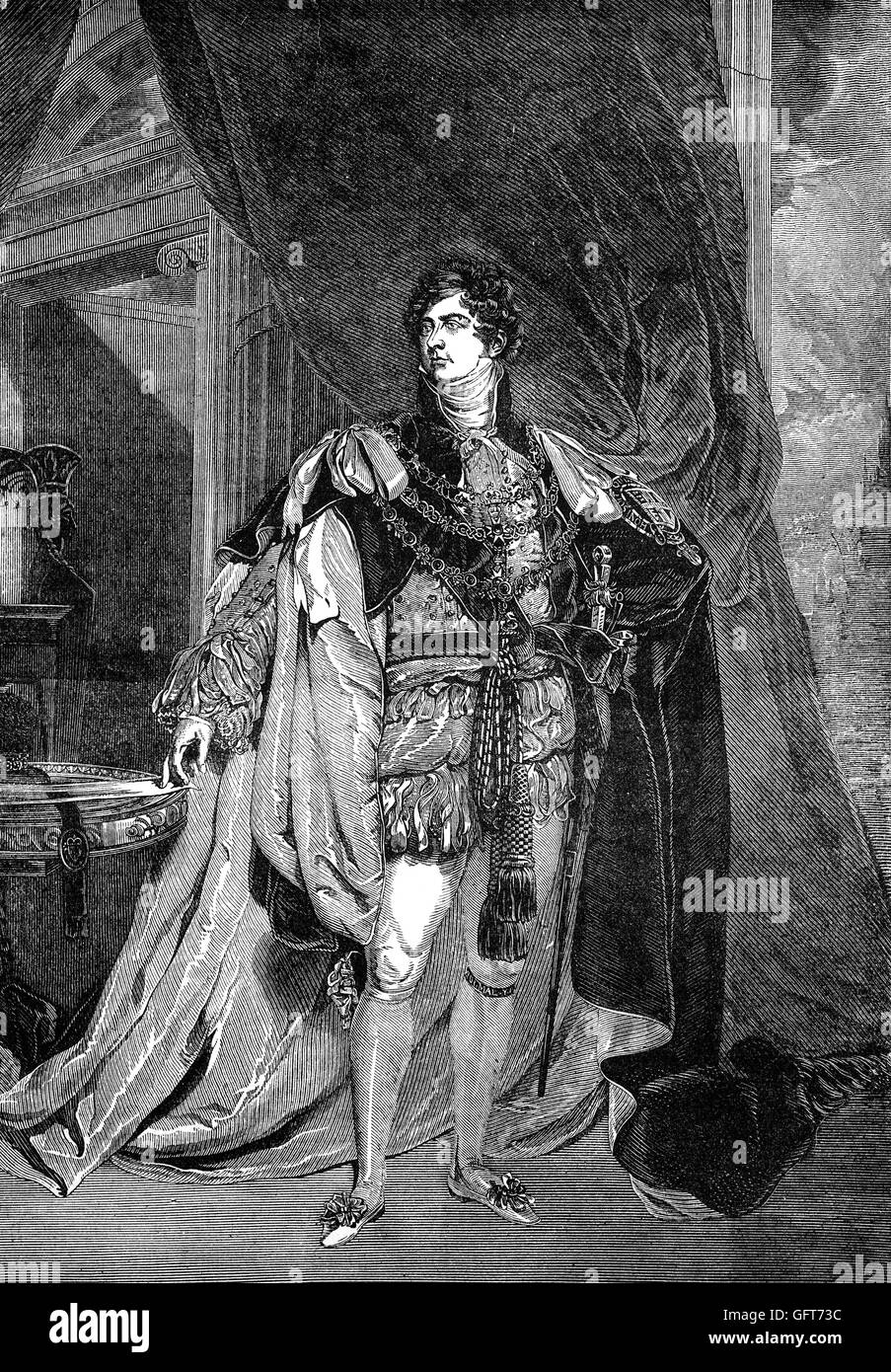 George IV (George Augustus Frederick (1762 - 1830) era el Rey del Reino Unido de Gran Bretaña e Irlanda y de Hannover tras la muerte de su padre, George III, el 29 de enero de 1820, hasta su propia muerte diez años después. Desde 1811 hasta el momento de su adhesión, se desempeñó como príncipe regente durante su última enfermedad mental del padre. Foto de stock