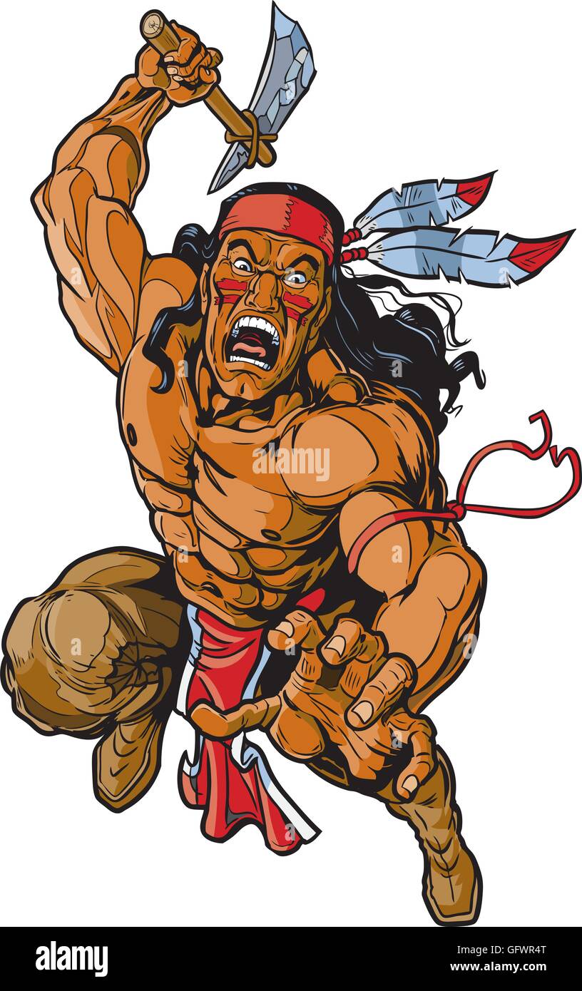 Cartoon vectores clip art ilustración de un Apache guerrero americano nativo o valiente saltando hacia el espectador. Ilustración del Vector