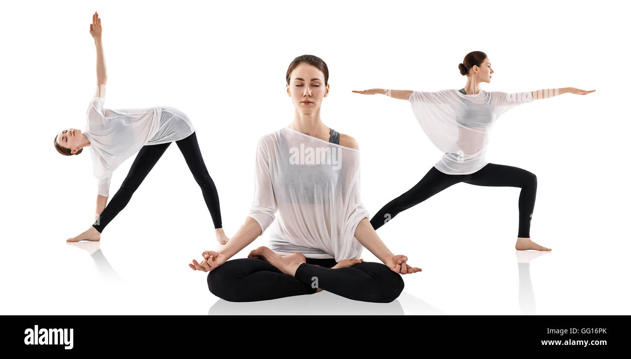 Mujer practicando yoga en la posición del loto, Foto de stock