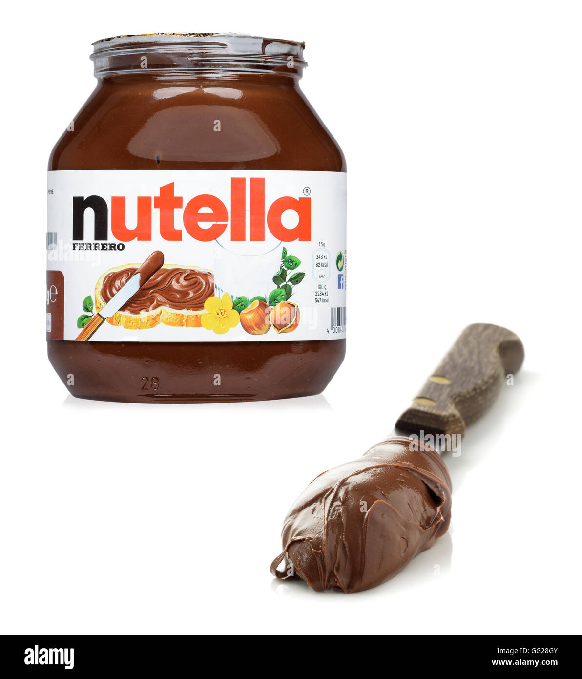 Frasco de Nutella con propagación de la cuchilla Foto de stock
