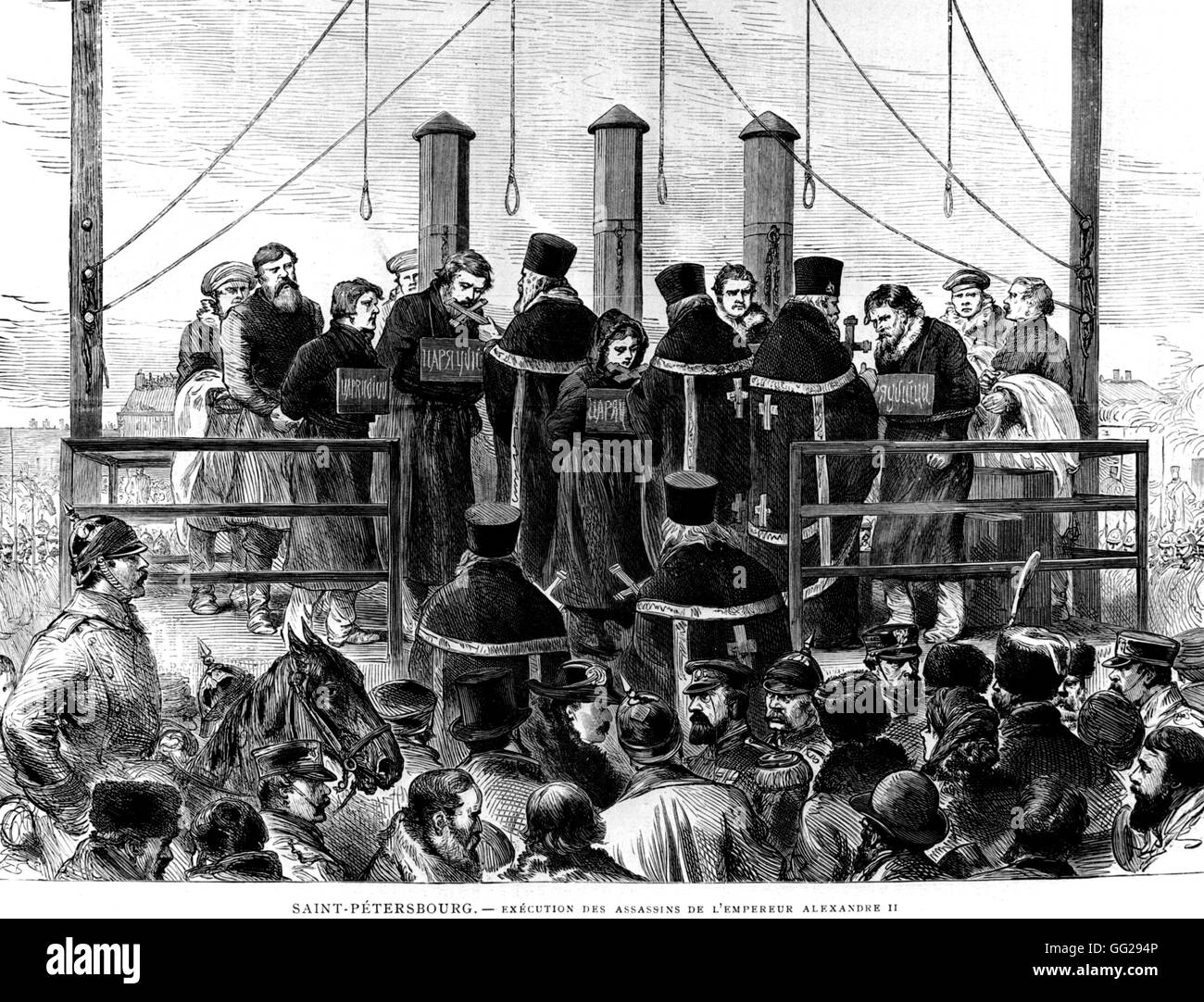 San Petersburgo. La ejecución de los asesinos del zar Alejandro II de Rusia 1881 Foto de stock