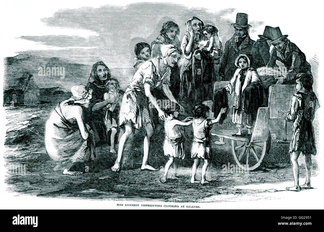 Condiciones sociales: el hambre y la miseria. Miss Kennedy distribuyen ropa en Kilrush. En "Illustrated London News" de 1849 Irlanda Foto de stock