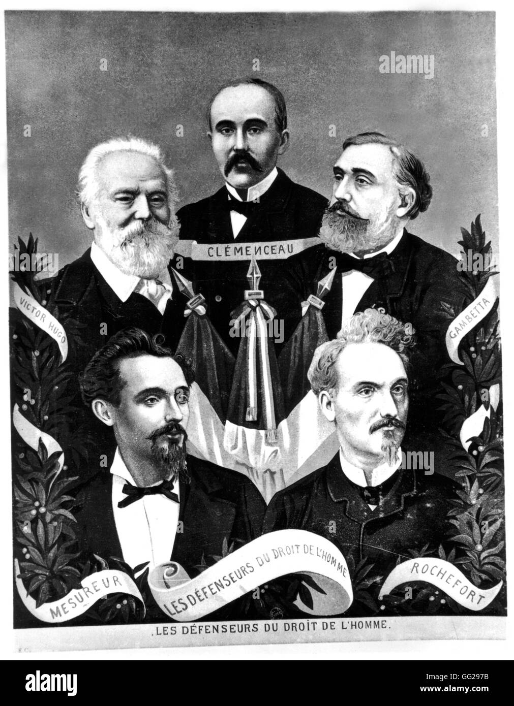 Los defensores de los derechos humanos: Clemenceau, Víctor Hugo Gambetta, Mesureur y Rochefort 1871 Francia Foto de stock