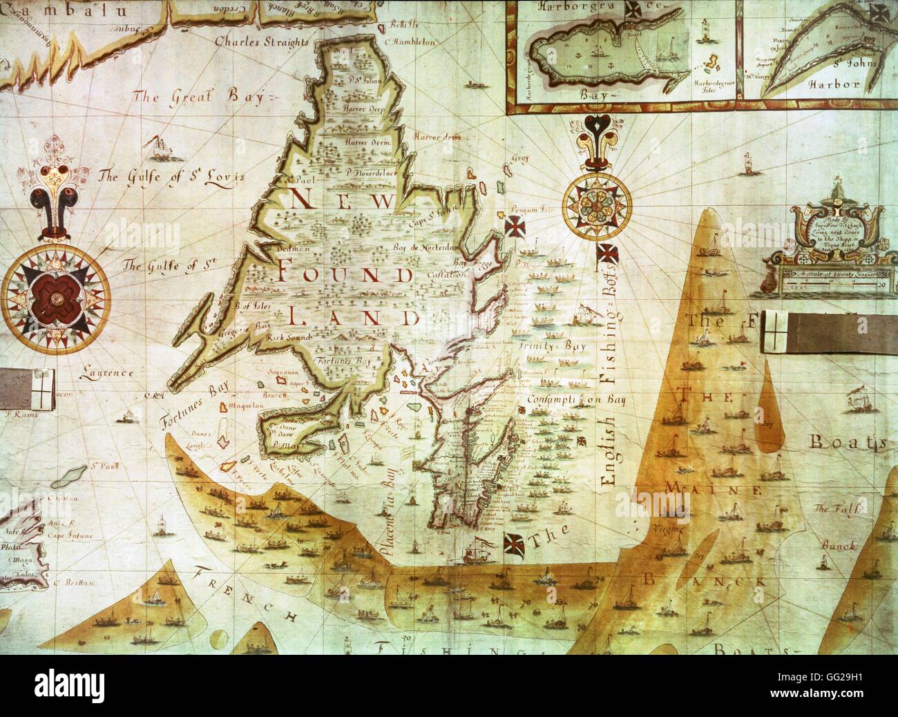 Mapa grabado por Fitznuge. Newfoundand 1692 Londres. Museo Británico Foto de stock