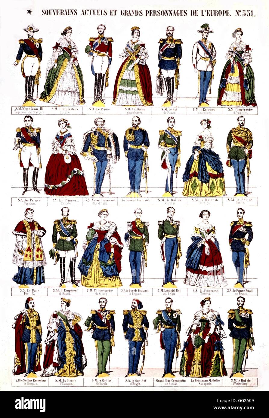 Epinal estampa popular, reyes y personajes del Segundo Imperio francés del siglo XIX. Foto de stock