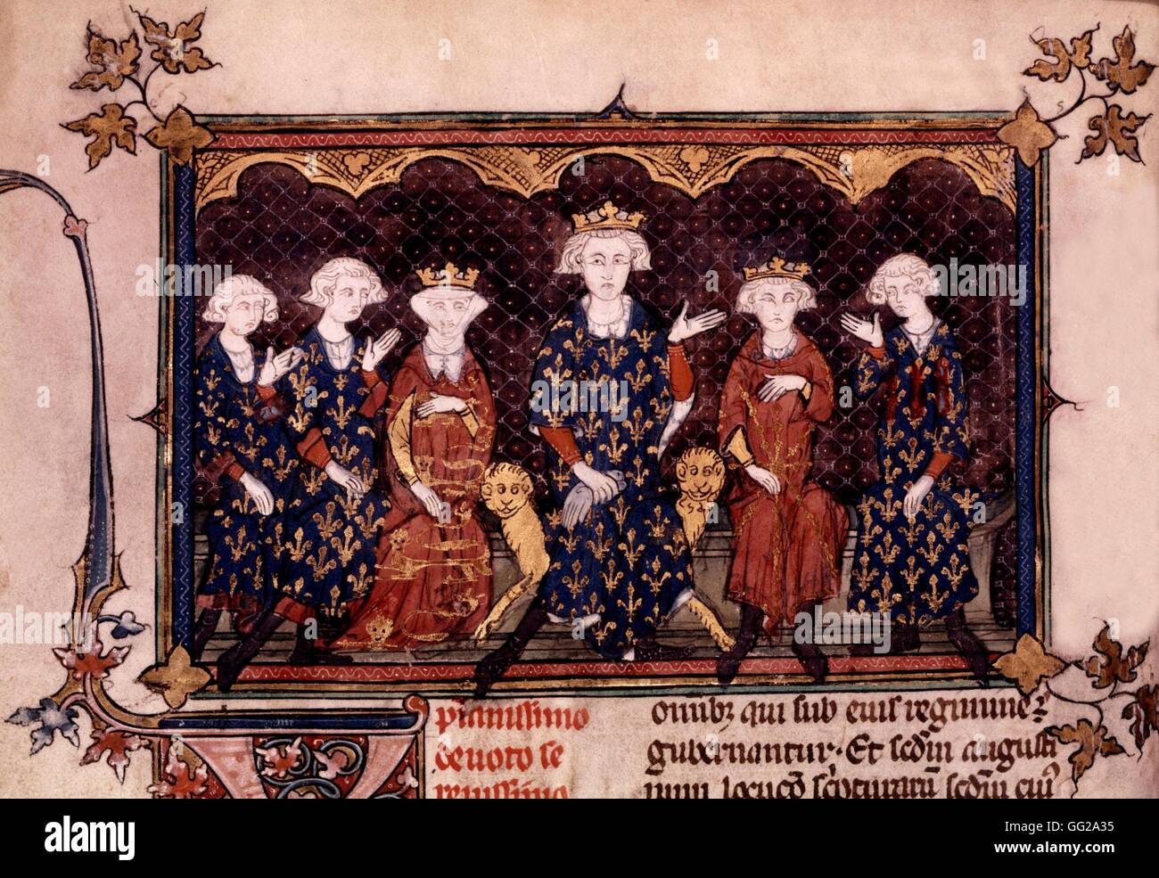 Felipe IV el justo y sus hijos. (De izq. a der.: Felipe V, Carlos IV, Isabelle, Luis X le Hutin (el pendenciero) y Charles de Valois de Francia del siglo XIV. Foto de stock