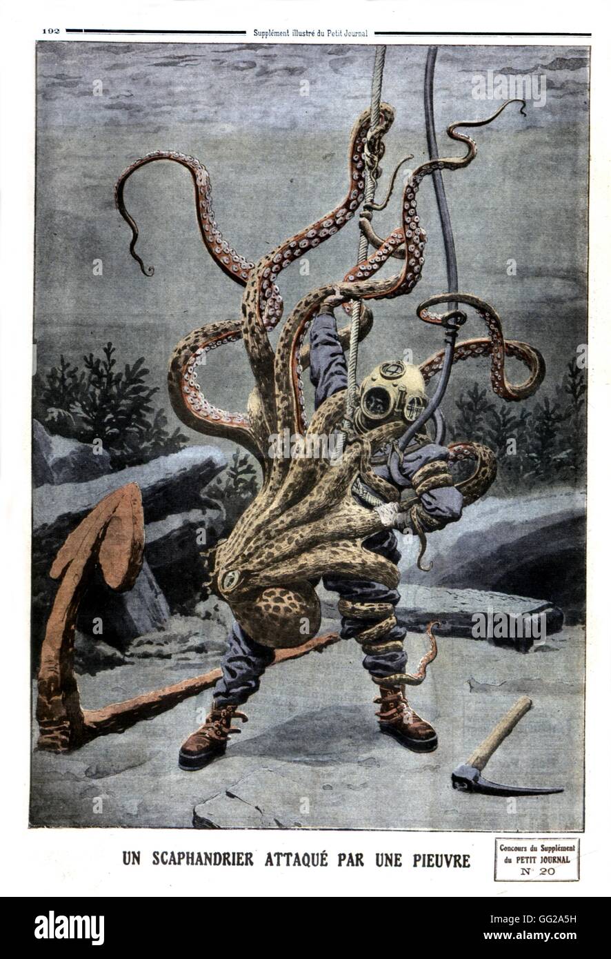Un buceador de aguas profundas atacado por un pulpo, en "Le Petit Journal' de la revista francesa de principios del siglo XX. Foto de stock