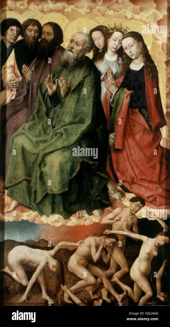 Rogier Van der Weyden, alias Rogier de la pastura Escuela Flamenca Detalle del retablo del Juicio Final: el Santo Tribunal y debajo de la entrada del infierno c.1445-1448 Oleo sobre madera y láminas de oro (215 x 260 cm, abrió los paneles) de Beaune, musée de l'Hôte Foto de stock