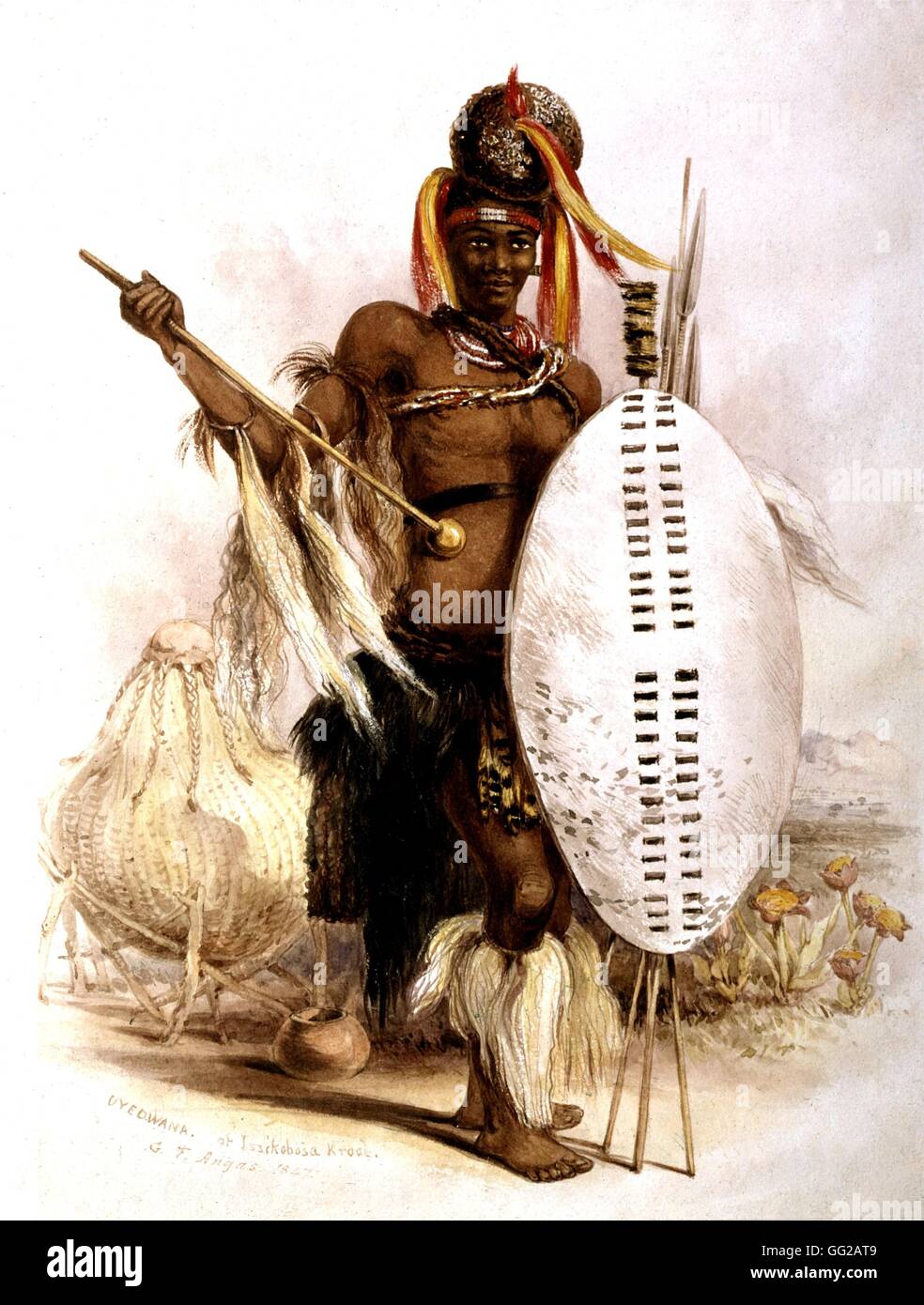 G.F. Angus. Jefe zulú vestido como un guerrero 1847 Sudáfrica Londres. Museo Británico Foto de stock