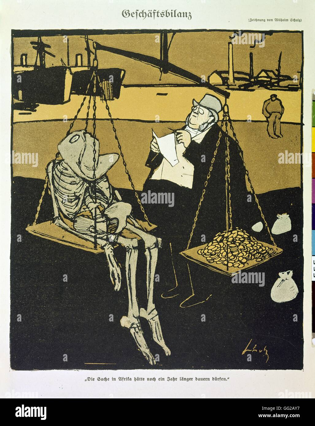 Schulz 'statement' de negocios, una caricatura sobre las guerras coloniales alemanes 1906 Alemania París. Bibliothèque nationale Foto de stock