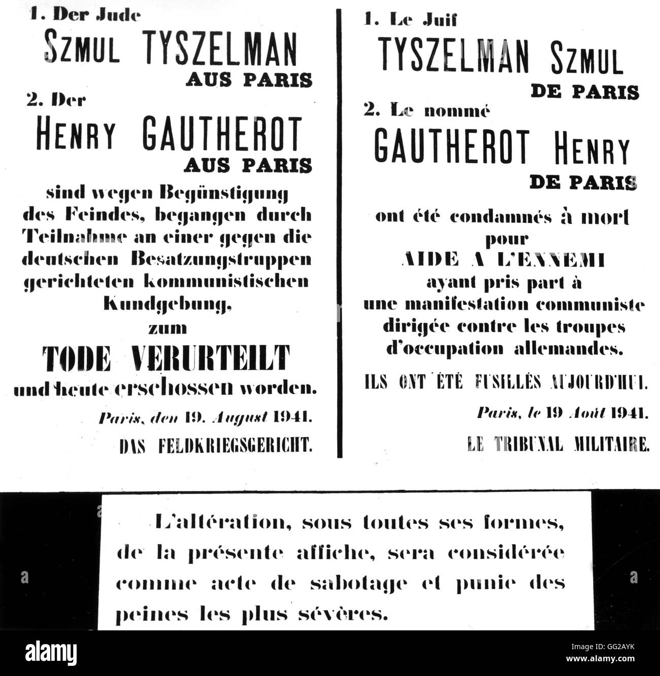 Póster de la represión. Los nombres de los rehenes que recibieron disparos de agosto de 1941 Guerra Mundial 2 - Francia Foto de stock