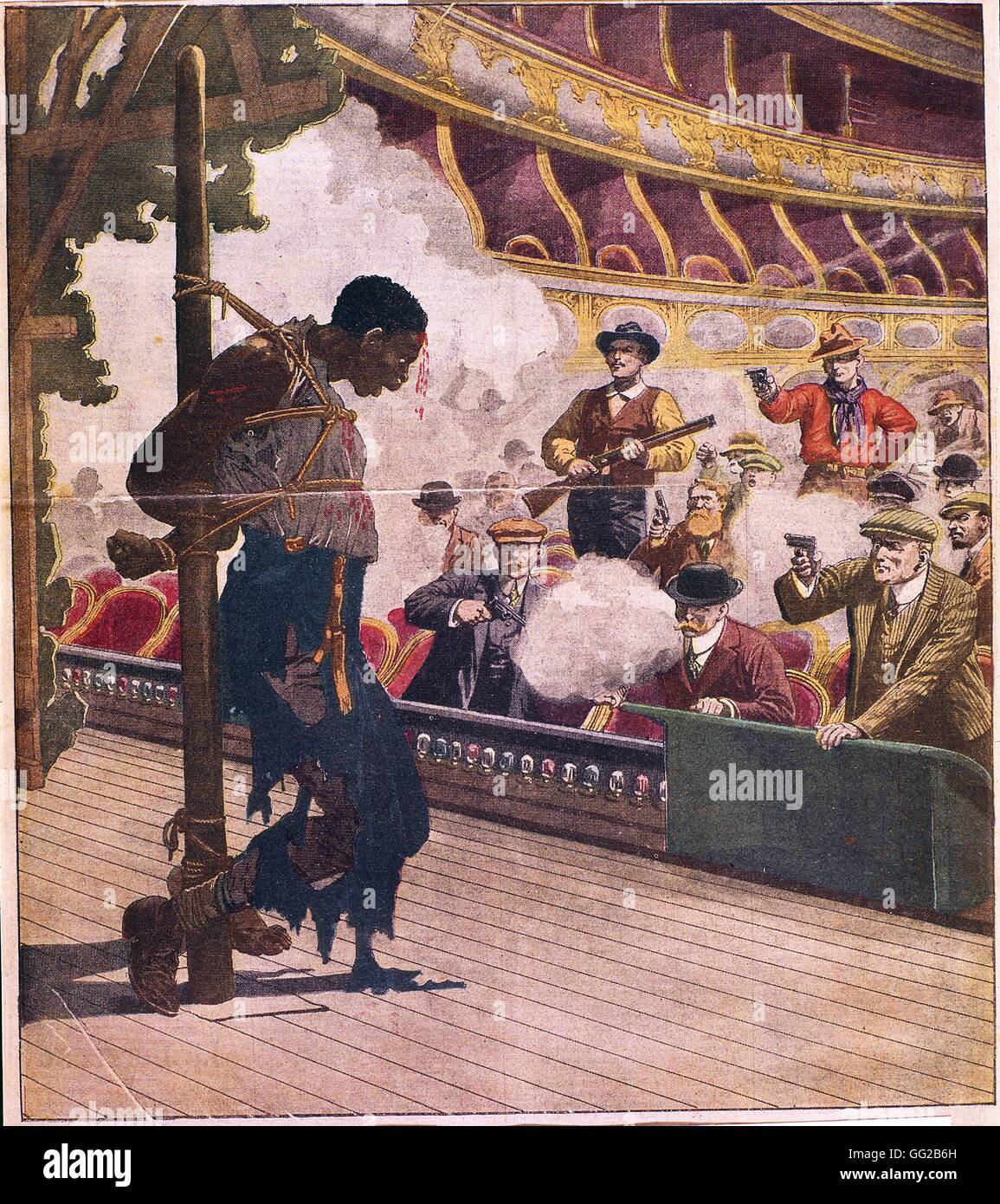 El linchamiento en Livermore un hombre negro, atado a un poste en el escenario de la ópera, está siendo tiroteados por hombres blancos de Kentucky, Estados Unidos, 1902 Foto de stock
