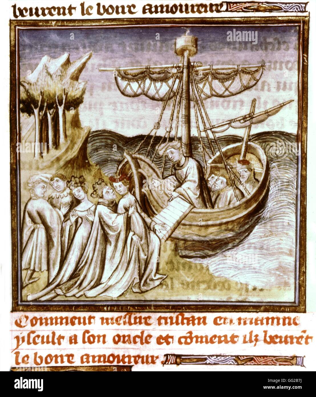 Miniatura de Tristán e Isolda manuscrito del siglo XV. Foto de stock