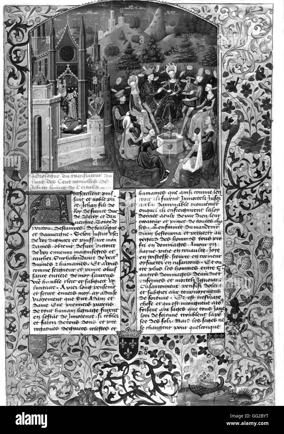 Miniatura en "Le Livre Des nouvelles 100', un tribunal de amor en Florencia en el momento de la gran plaga 15 de Italia Foto de stock