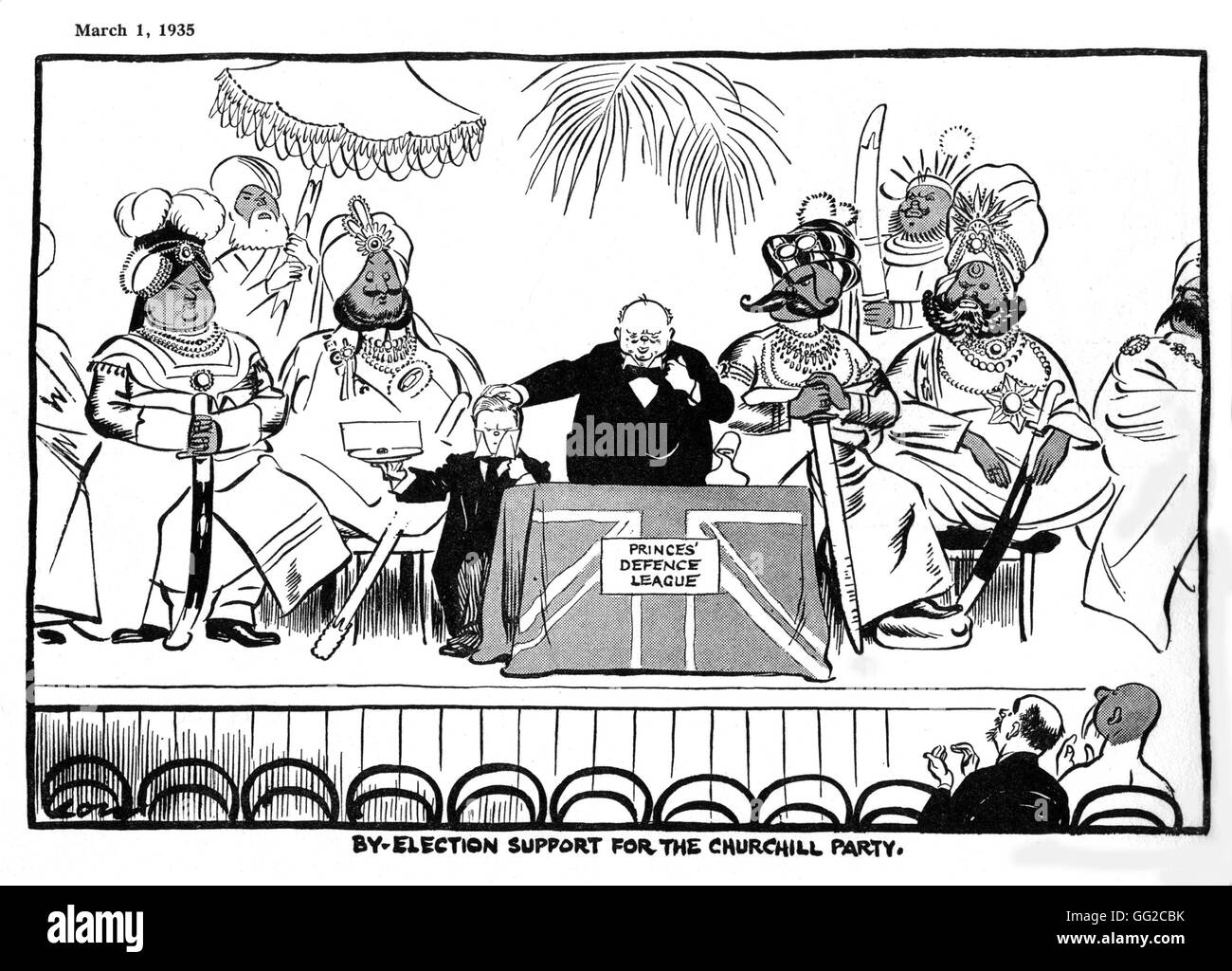 Caricatura satírica de Churchill y la política colonial el 1 de marzo de 1935, Gran Bretaña Foto de stock