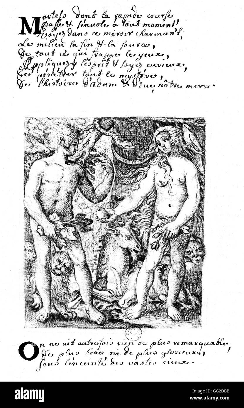 El paraíso terrenal con Adán y Eva y el unicornio siglo xvi Jean edredón de París. Biblioteca Nacional Foto de stock