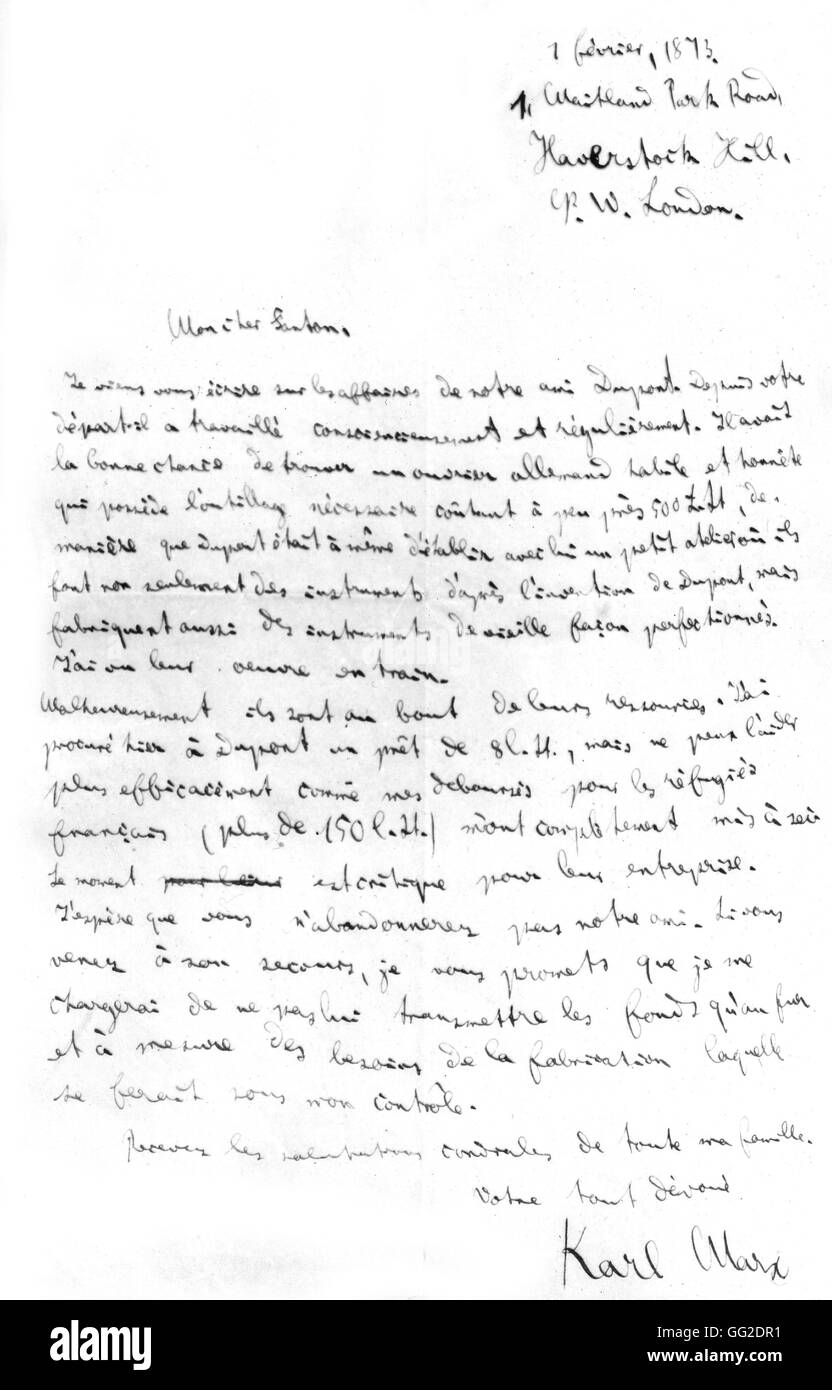 Carta de Karl Marx a Fanton Febrero de 1873 Francia Foto de stock