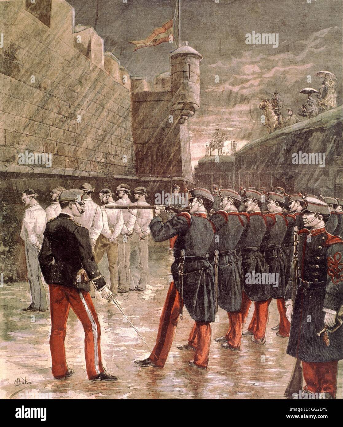 Seis anarquistas ejecutados en Barcelona. En "Le Petit Journal illustré" colección privada de España del siglo XIX Foto de stock