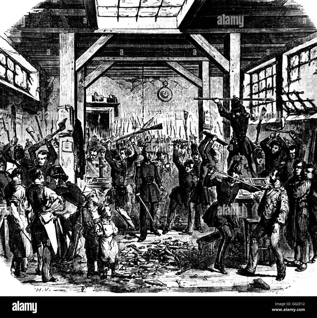 Junio 13, 1849: Los hombres de la Guardia Nacional introduciendo el Boute imprentas que imprime periódicos democráticos Francia Paris 1849. Musée Carnavalet Foto de stock