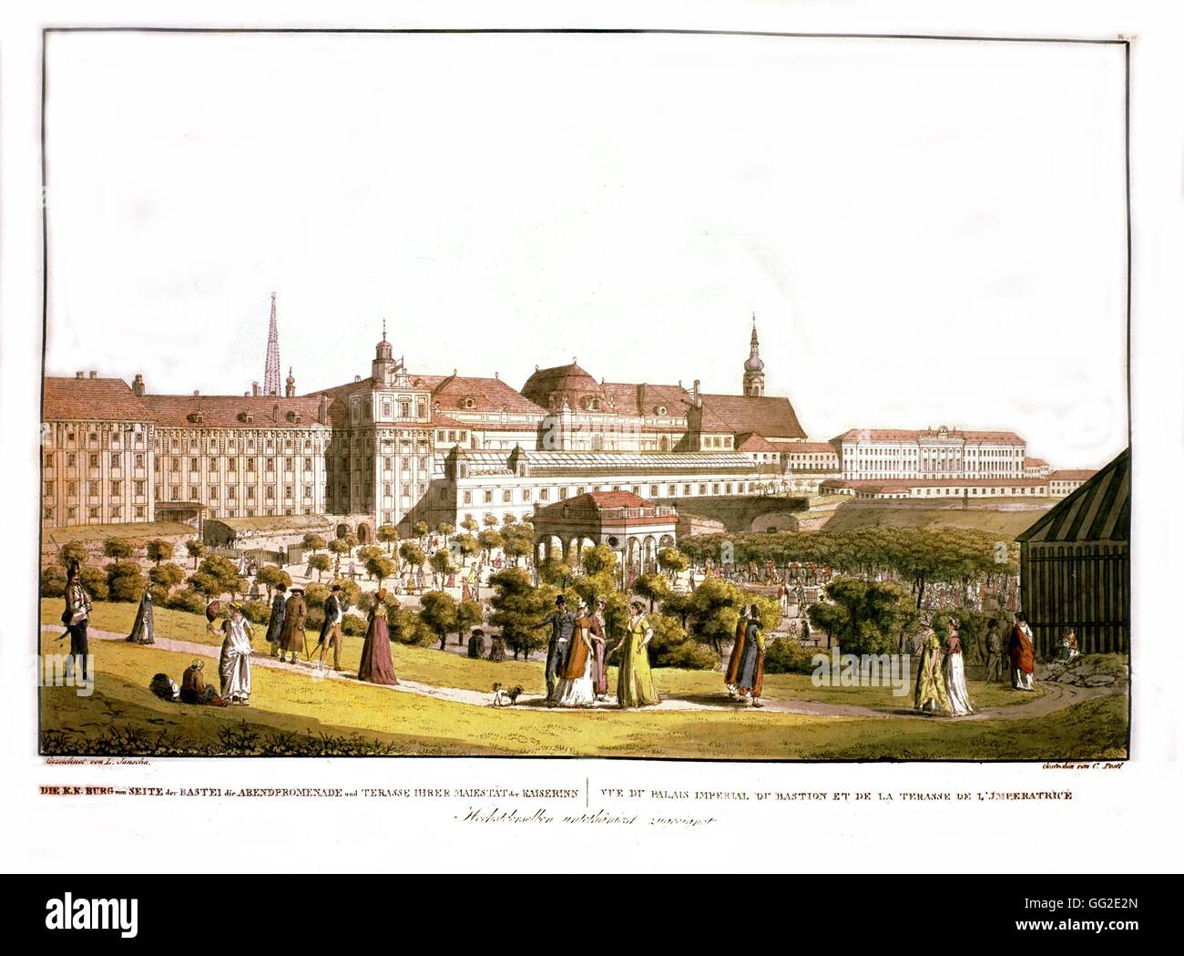 Litografía anónima de Viena, Vista del palacio imperial del siglo XIX, el museo histórico de Viena Austria Foto de stock