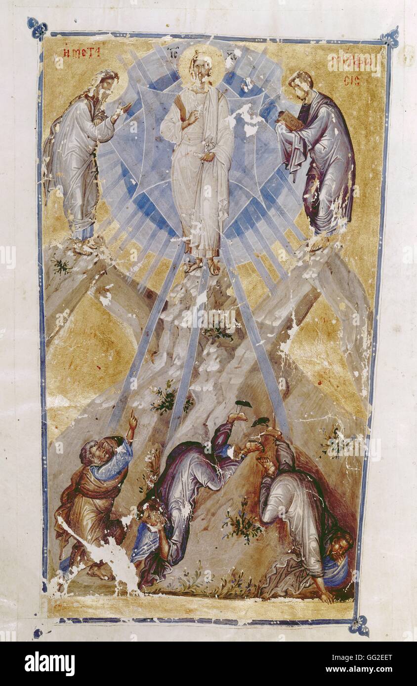 Jean VI Cantacuzene (emperador desde 1347 hasta 1354, luego se convirtió en un monje bajo el nombre de José). 'Obras teológicas" (1370-1375). La transfiguración. Moise y Elie alrededor de Cristo radiante con la luz de una estrella de 8 sucursales enviando rayos que fa Foto de stock