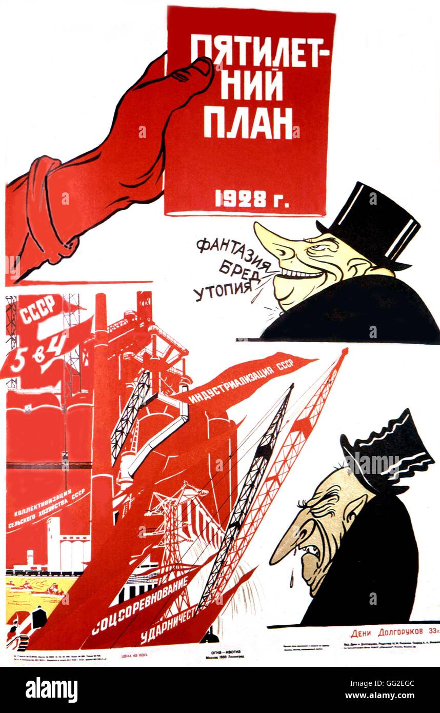 Póster de propaganda por Victor Deni y Nikolaï Dolgorukov: "El éxito del plan quinquenal" 80 x 54 cm 1928 U.R.S.S. Foto de stock