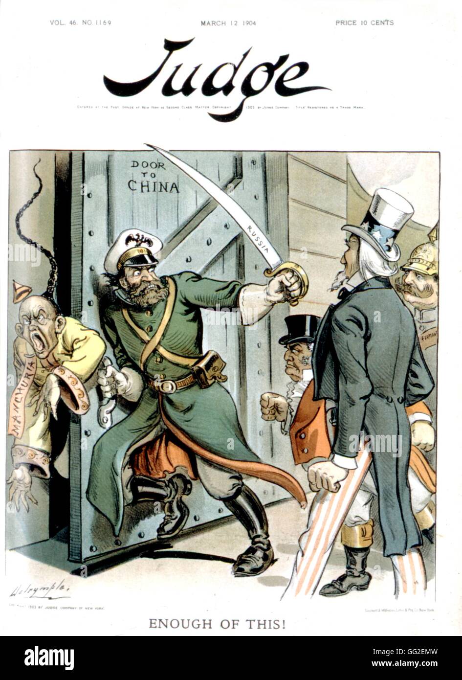 Caricatura satírica de "juzgar" sobre los Estados Unidos y China (intervención contra Rusia) 1904 Estados Unidos Washington. La Biblioteca del Congreso Foto de stock