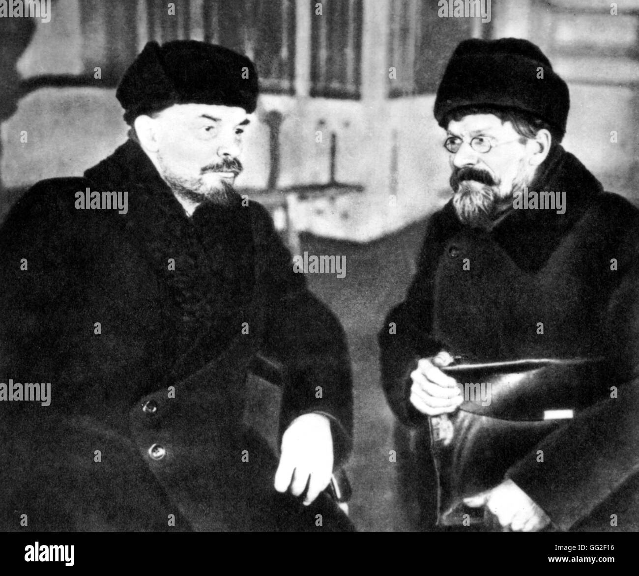 Moscú. Lenin y Kalinin en la Casa del Sindicato durante la sesión del 1er Congreso de trabajo All-Russia cosacos marzo 1st, 1920 U.R.S.S. Foto de stock