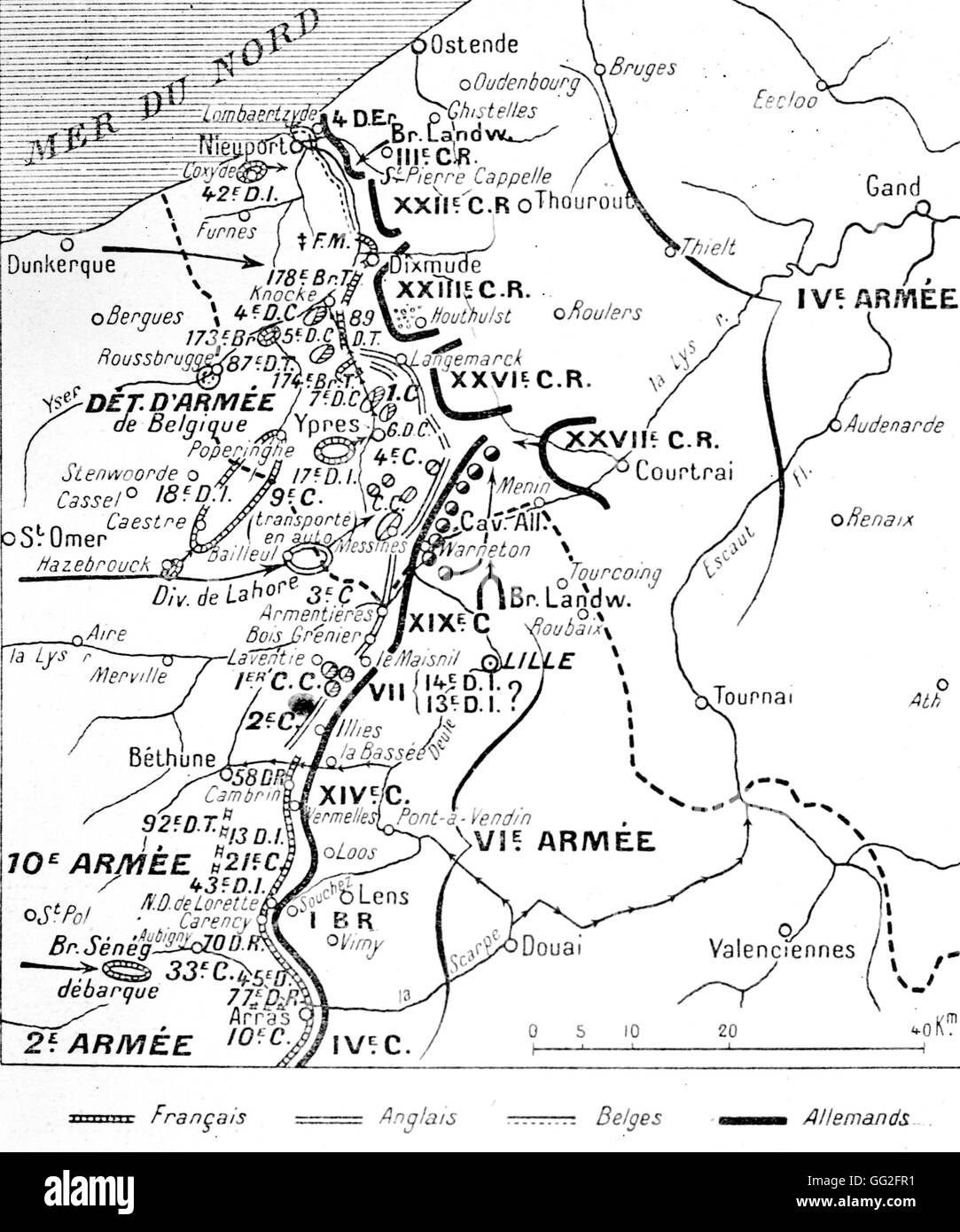 La Primera Guerra Mundial. Mapa indicando el French-English-belga y el alemán front line el 22 de octubre de 1914, en el momento en que comenzó la batalla del Yser. Foto de stock