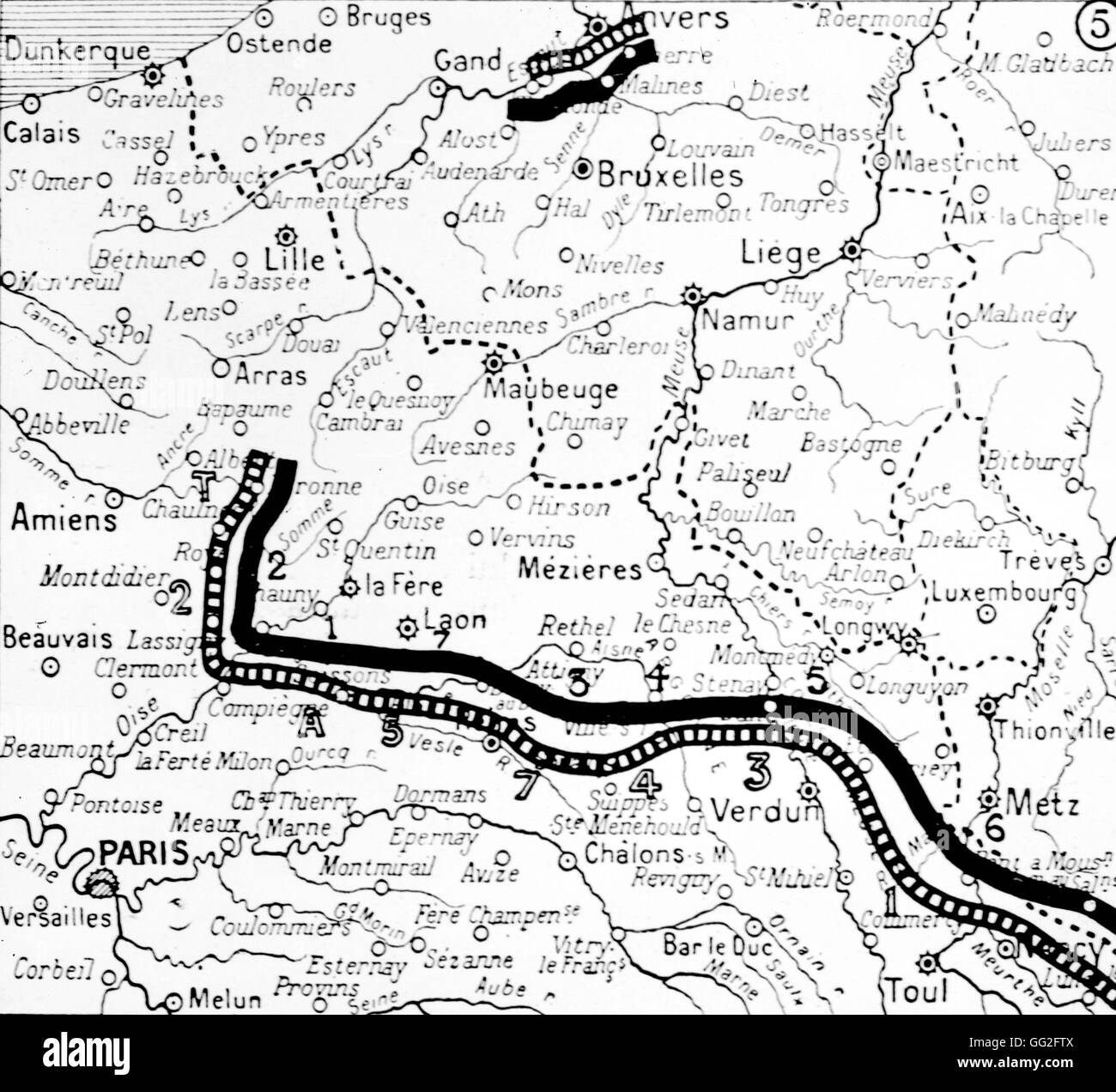 La Primera Guerra Mundial. Mapa de la ubicación de los ejércitos el 21 de septiembre de 1914. T denota los grupos territoriales del General Brugère. Foto de stock