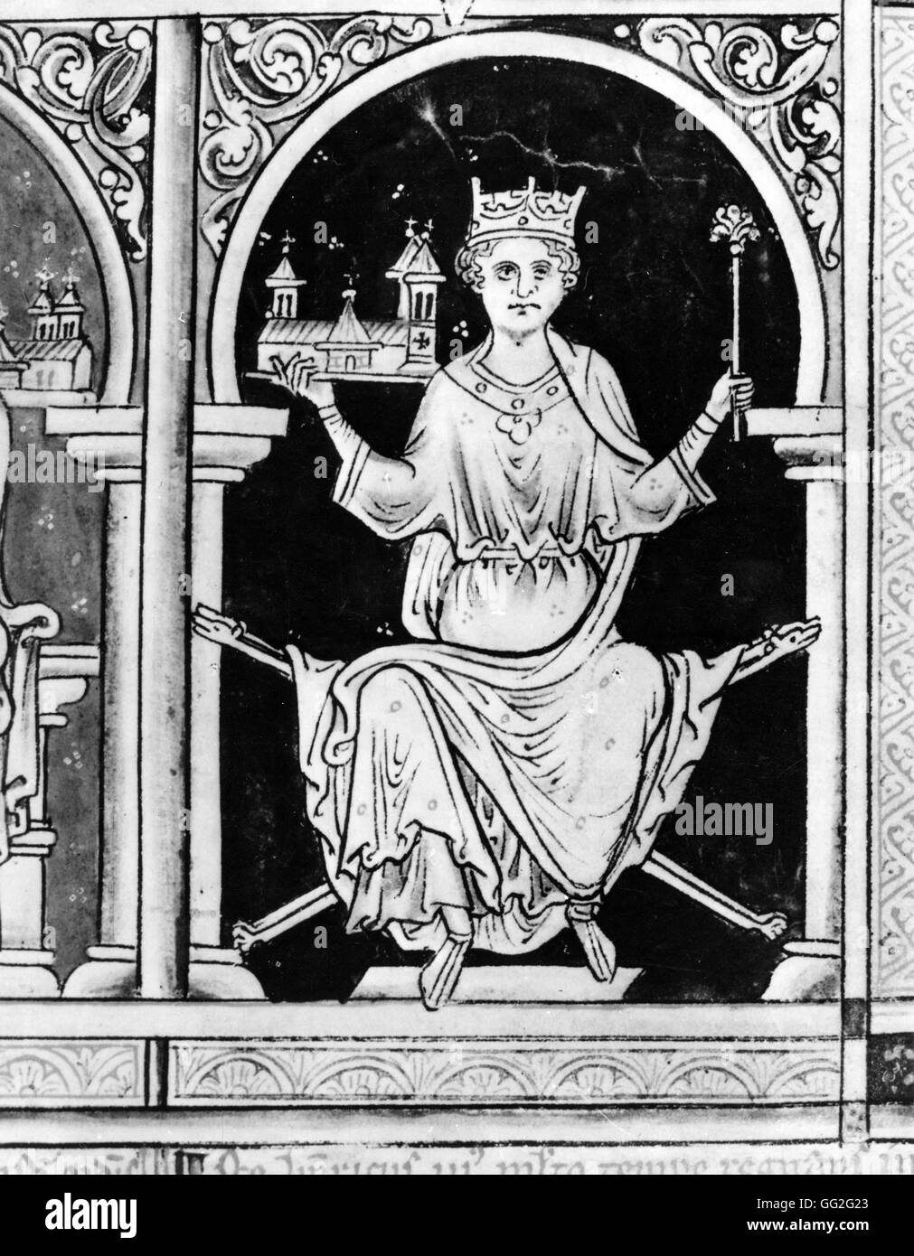 Mateo Paris escuela de inglés Enrique III, Rey de Inglaterra, sosteniendo un modelo de Westminster Abbey en su mano derecha, del siglo XIII, el British Museum de Londres Foto de stock