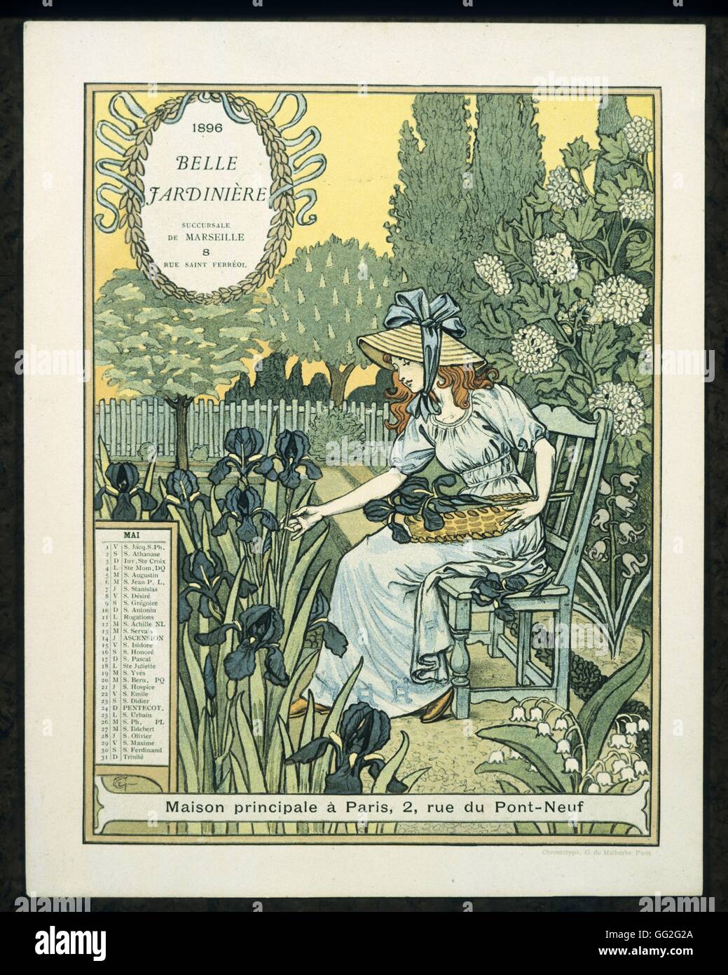 Calendario escolar francés Eugène Grasset página desde la Belle Jardiniere, año 1896: el mes de mayo el dibujo Foto de stock