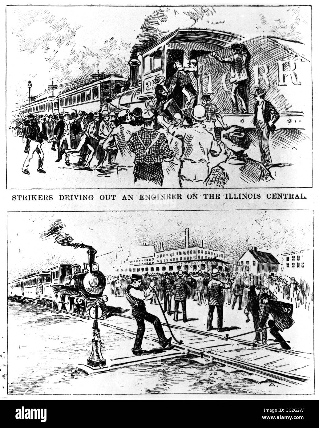 Huelga Pullman: huelguistas conduciendo a un ingeniero de la Illinois Central, 1894. Foto de stock