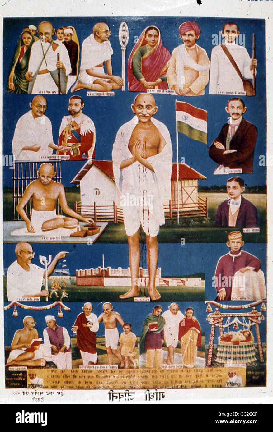 Indian imaginería popular de escenas de la vida de Mahatma Gandhi, colección privada. Foto de stock