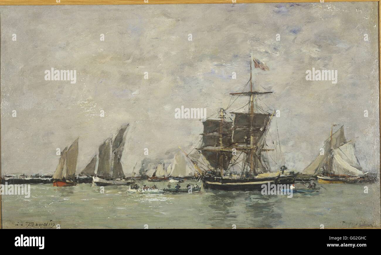 Eugène Boudin escuela francesa Sailships y barcos en El Puerto de Trouville 1865-1867 Óleo sobre lienzo colección privada. Foto de stock