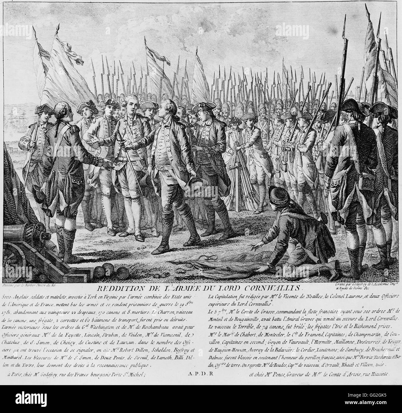 Entrega de Lord Cornwallis' ejército en la Batalla de Yorktown, 1781 de París, Bibliothèque Nationale de France Foto de stock