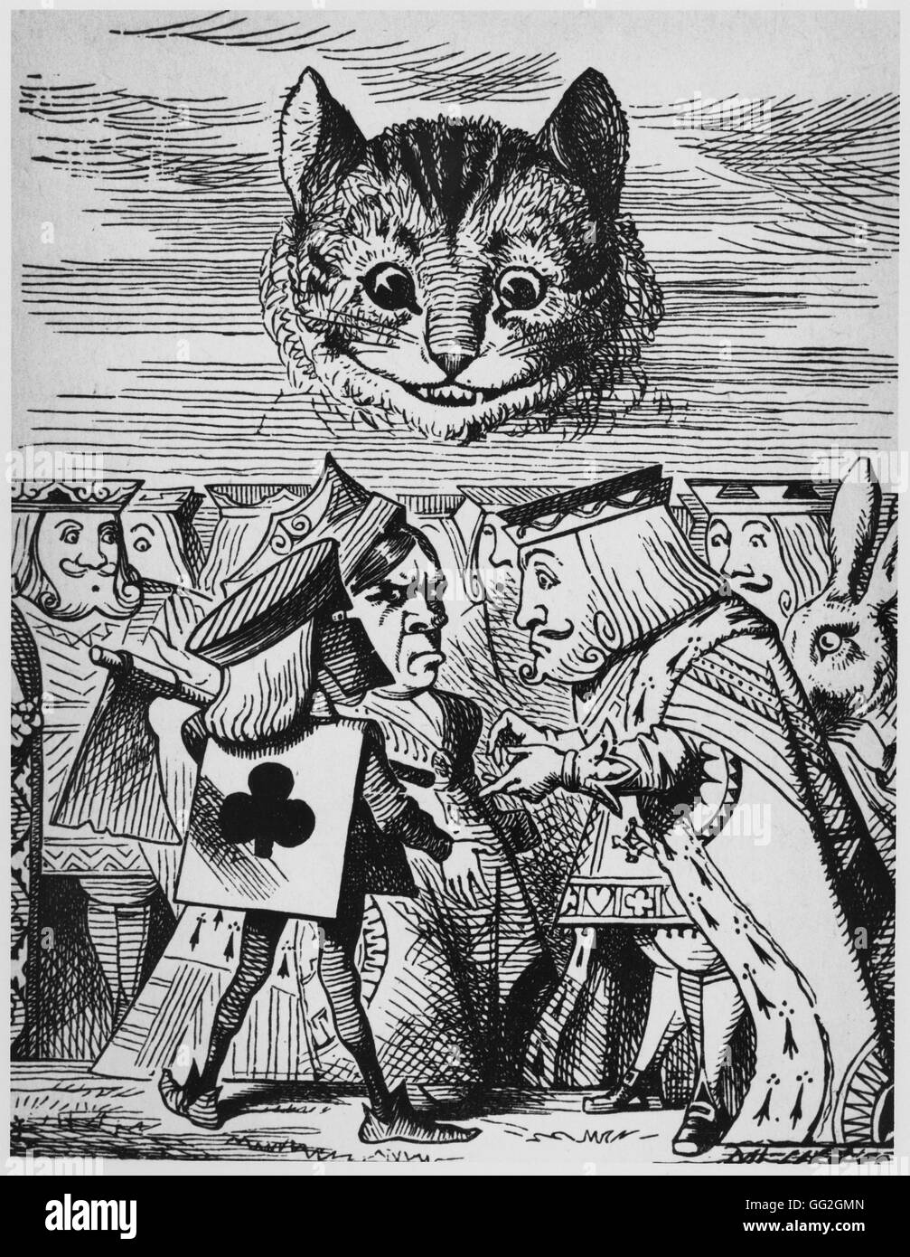 Ilustración por Sir John Tenniel Alicia en el país de las Maravillas, de Lewis Carroll, Londres, 1865 MacMilllan Verdugo sostiene con el Rey acerca de cortar la cabeza del gato de Cheshire Foto de stock