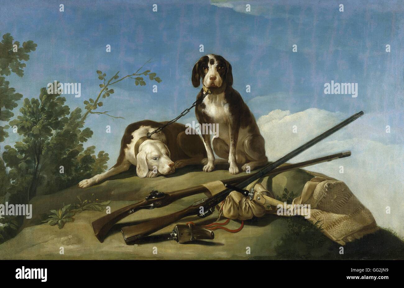 Francisco de Goya y Lucientes Escuela Española de perros con una correa Perros en trailla 1775 Óleo sobre lienzo (112 x 174 cm) para tapiz modelo Madrid, Museo del Prado Foto de stock