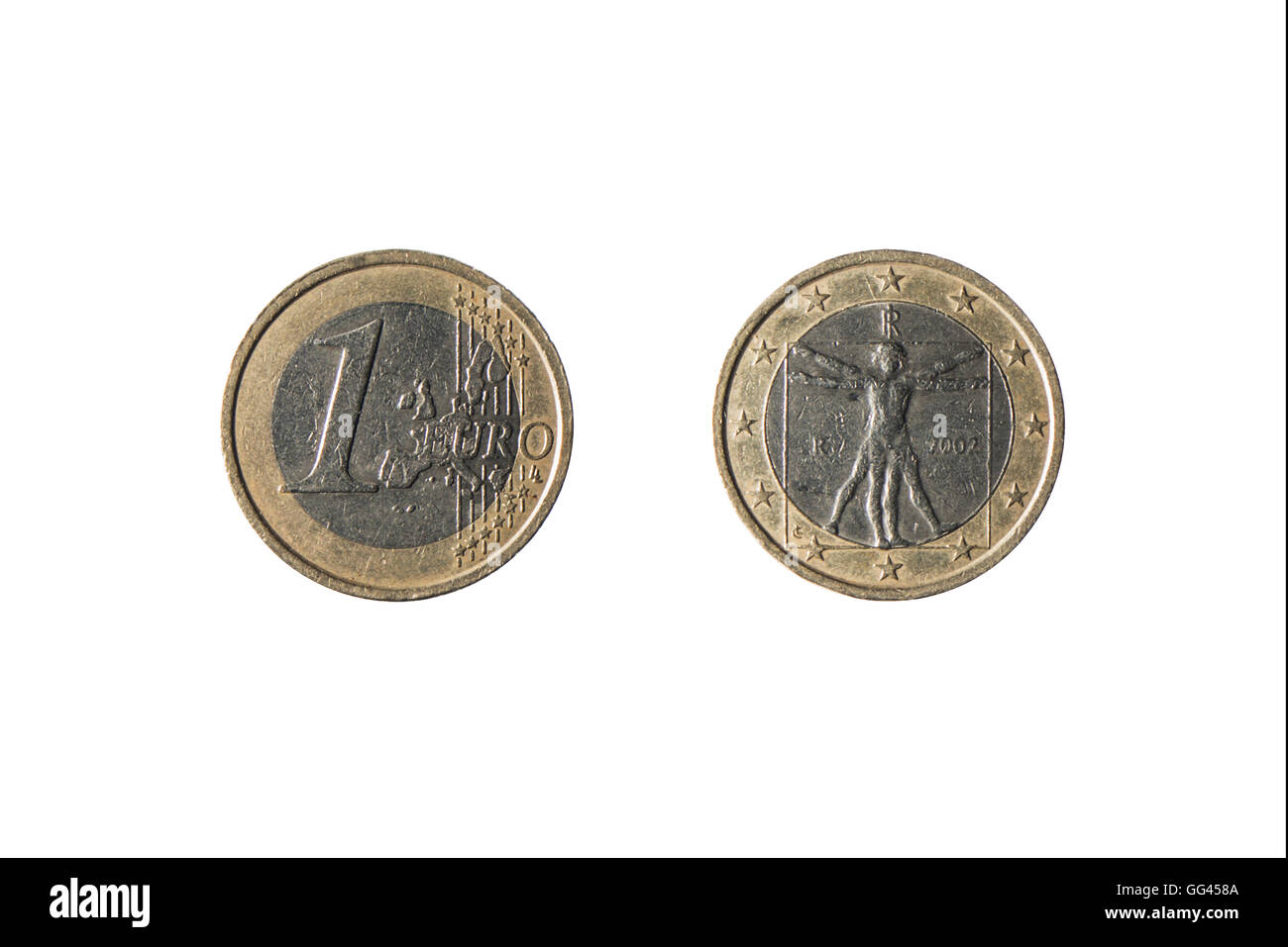 Las dos caras de la moneda de un euro ampliamente utilizado aislado sobre  fondo blanco Fotografía de stock - Alamy