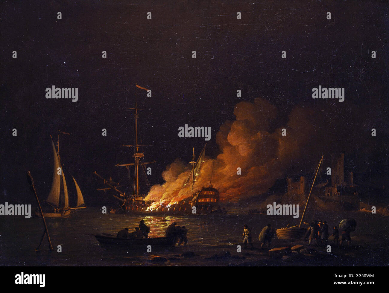 Charles Brooking - barco en fuego por la noche Foto de stock