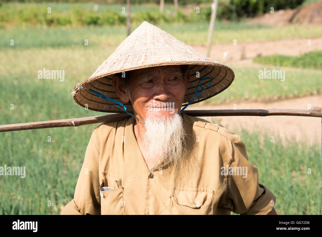 Viejo hombre vestido con sombrero cónico de vietnamitas que viven en el  campo cerca de Hoi An Fotografía de stock - Alamy