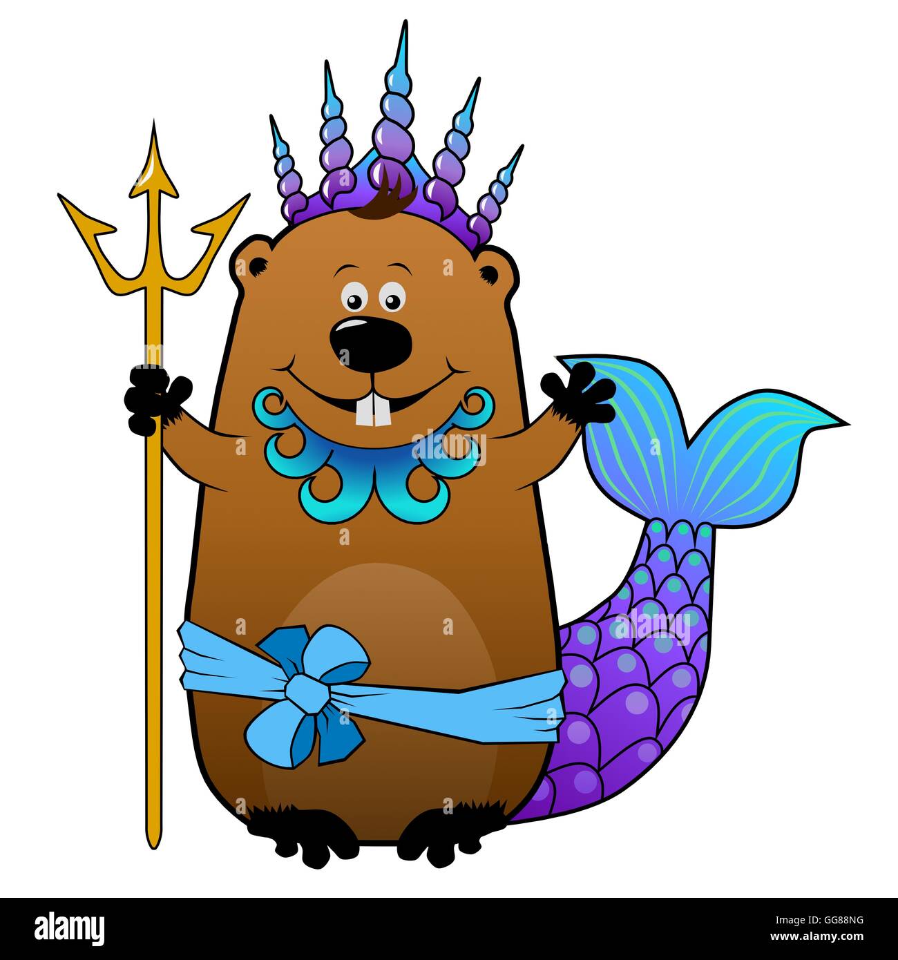 Divertida caricatura beaver en Neptuno Poseidón disfraz de carnaval Foto de stock