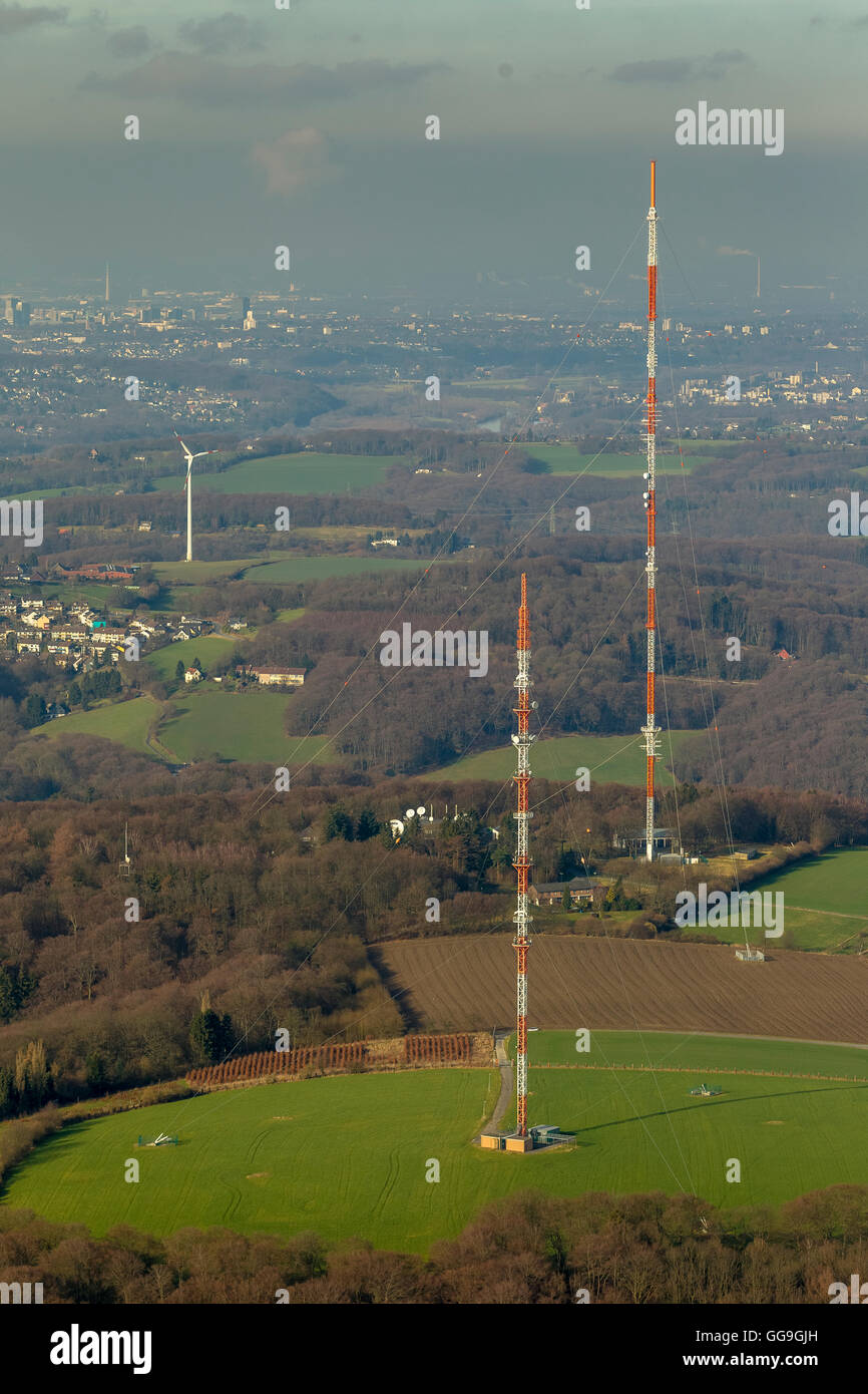 Vista aérea, WDR Enviar mástiles Langenberg Langenberg transmisor, transmisores del mástil de celosía, Langenberg, Velbert, área de Ruhr, Foto de stock