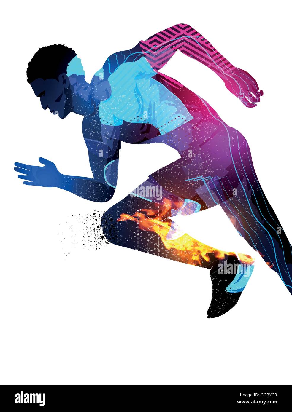 Efecto de doble exposición ilustración vectorial de la ejecución de un hombre de deportes con efectos de textura. Ilustración del Vector