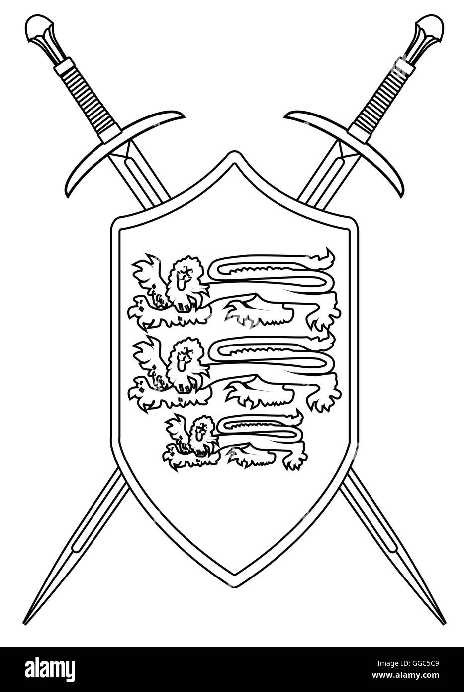 Una espada típica de un caballero del viejo aislado sobre un fondo blanco, con el escudo y emblema Ilustración del Vector