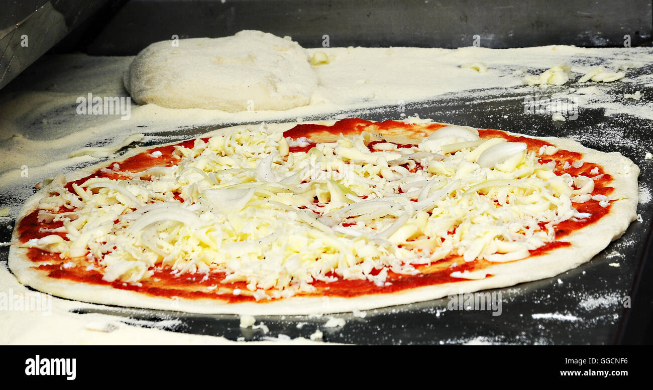 Praga Charles Square día comida italiana pizza pizza de queso sobre una  placa de acero inoxidable dispuestos a poner en el horno Fotografía de  stock - Alamy
