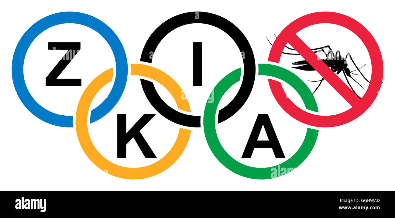 Río de Janeiro, Brasil - el Aug 5, 2016. Los anillos olímpicos coloreado con ZIKA título y mosquitos. Los Juegos Olímpicos de Verano en Río de Janeir Foto de stock