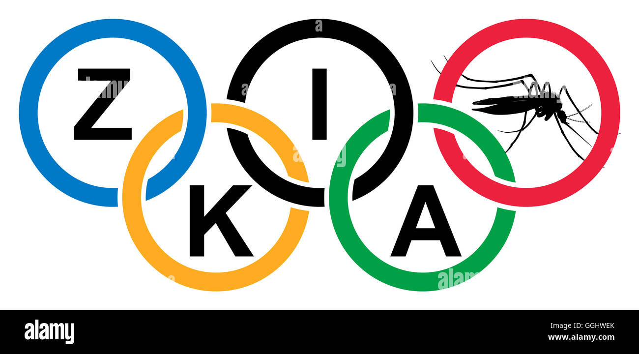 Río de Janeiro, Brasil - el Aug 5, 2016. Los anillos olímpicos coloreado con ZIKA título y mosquitos. Los Juegos Olímpicos de Verano en Río de Janeir Foto de stock