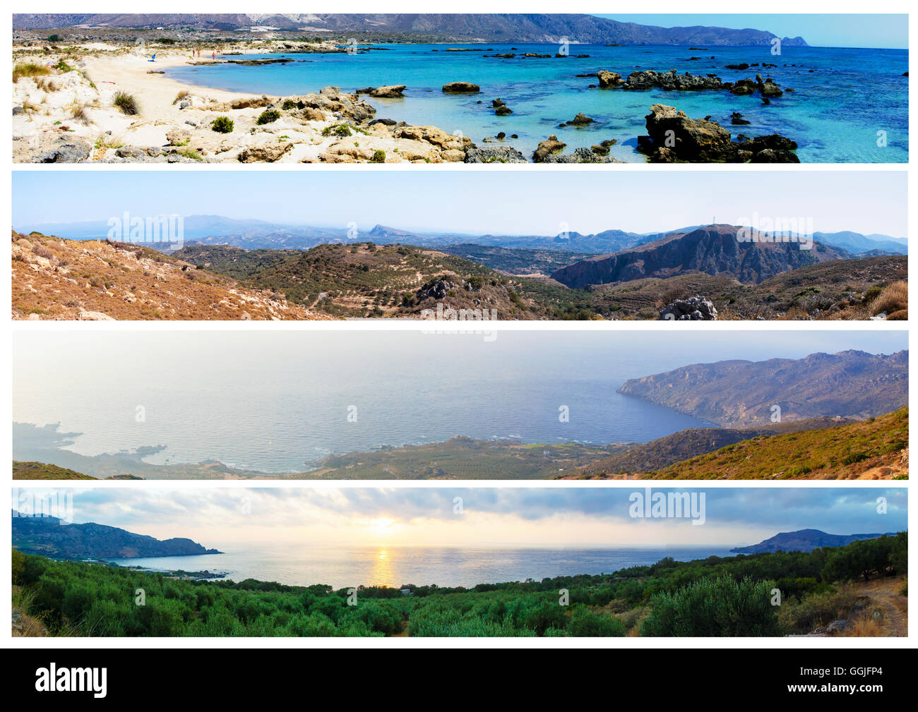 Collage de fotos de hermosos paisajes de verano de la isla de Creta, Grecia Foto de stock
