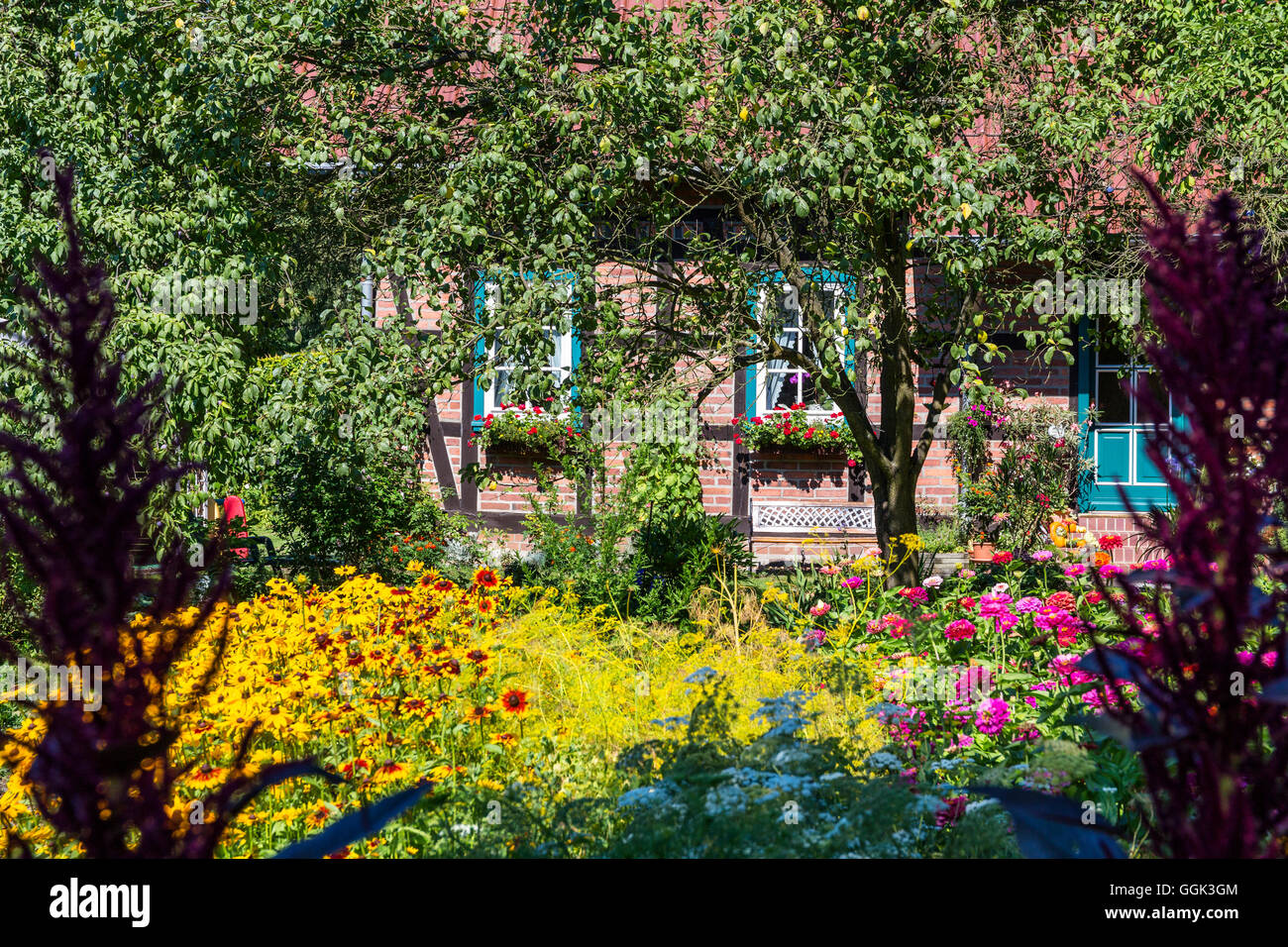 Cortijo con jardín en Lehde, Spreewald, reserva de la biosfera por la UNESCO, Brandemburgo, Alemania, Europa Foto de stock